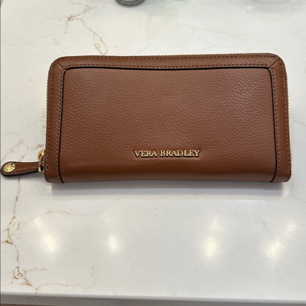 VERA BRADLEY Large Leather Zip Around Georgia Wallet - Cognac Brown